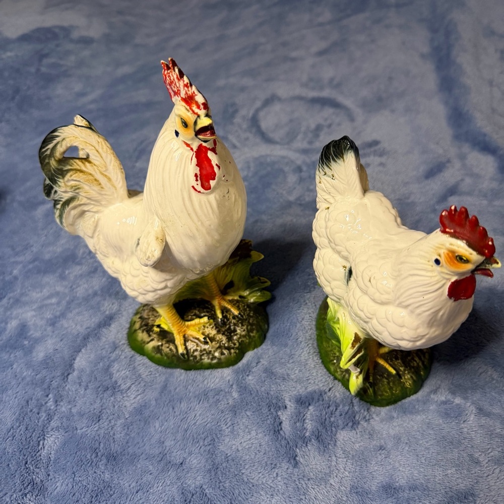 Vintage White Ceramic Rooster and Hen Figurine Set